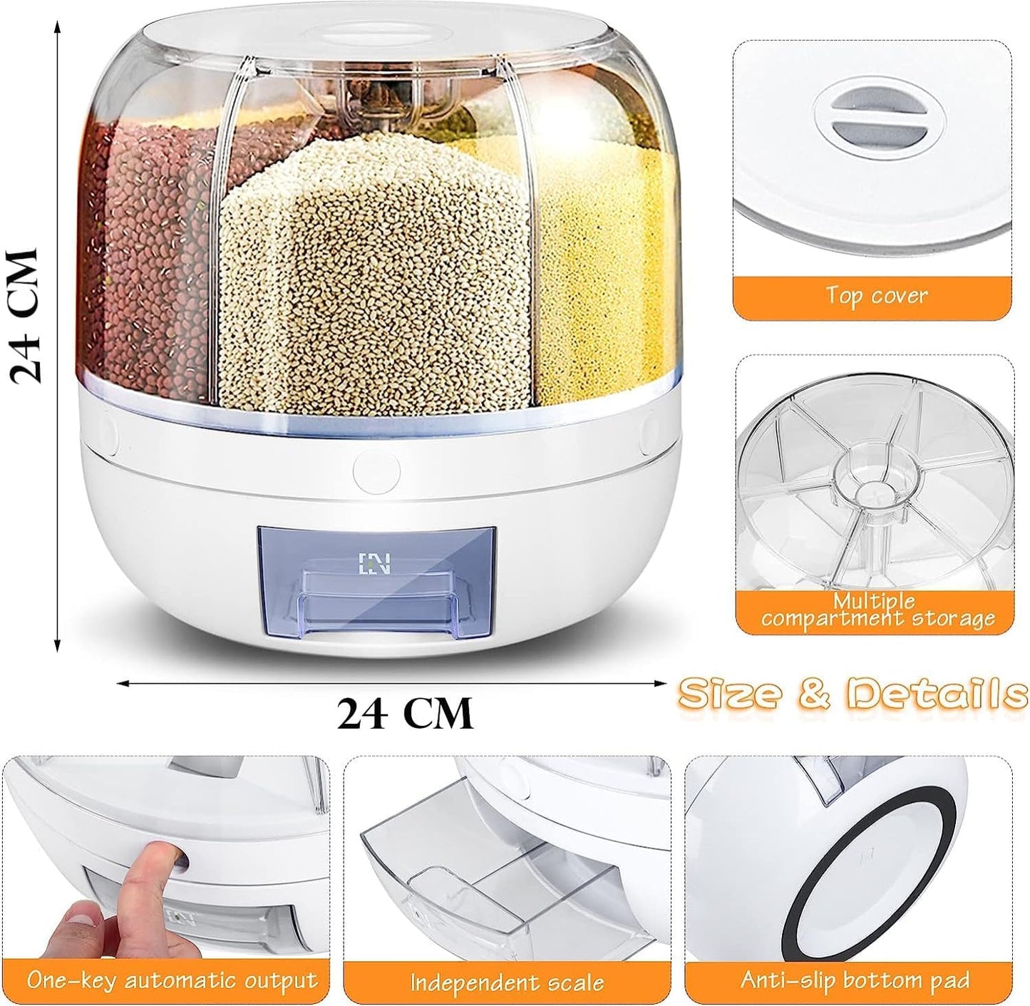 6-Grid Rotating Grain Dispenser - Stackable Cereal, Rice, and Grain Storage Container with Measuring Cup