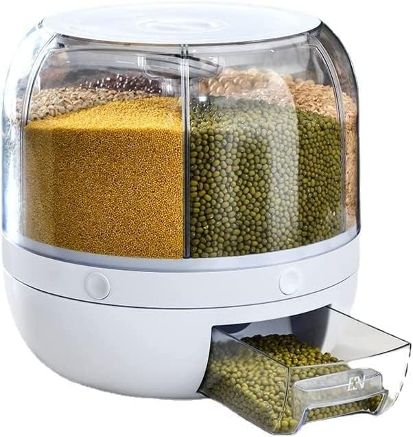 6-Grid Rotating Grain Dispenser - Stackable Cereal, Rice, and Grain Storage Container with Measuring Cup