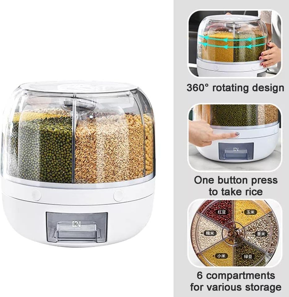 6-Grid Rotating Grain Dispenser - Stackable Cereal, Rice, and Grain Storage Container with Measuring Cup