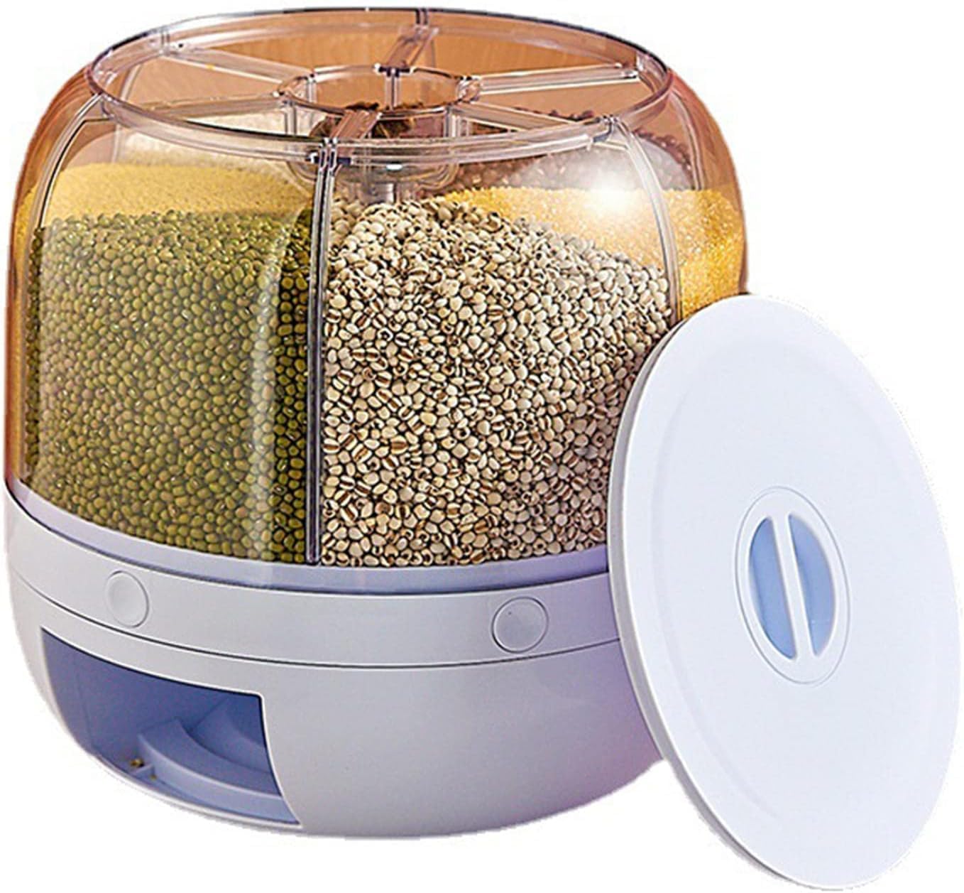 6-Grid Rotating Grain Dispenser - Stackable Cereal, Rice, and Grain Storage Container with Measuring Cup
