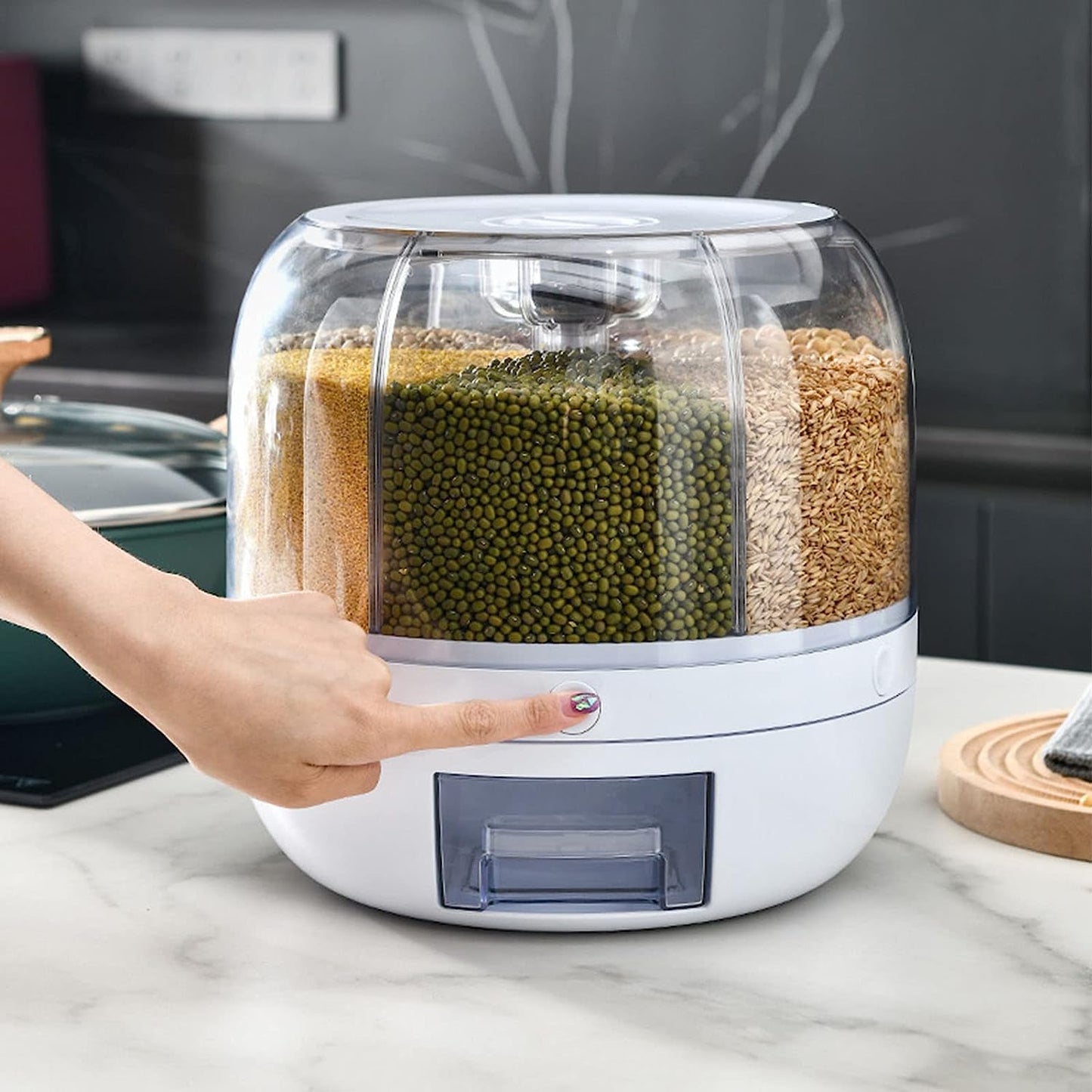 6-Grid Rotating Grain Dispenser - Stackable Cereal, Rice, and Grain Storage Container with Measuring Cup